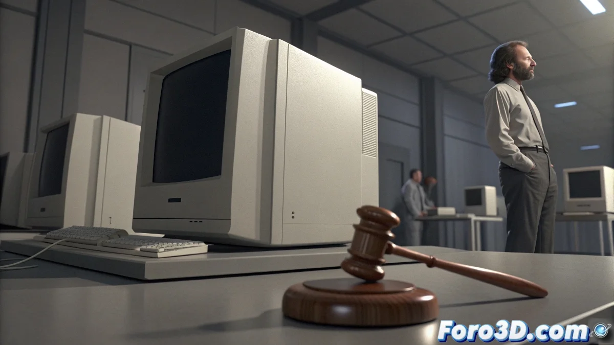 Imagen comparativa de un Macintosh original junto a clones de los años 90 como Power Computing y UMAX, con gráficos que muestran el impacto en ventas y el regreso de Steve Jobs.