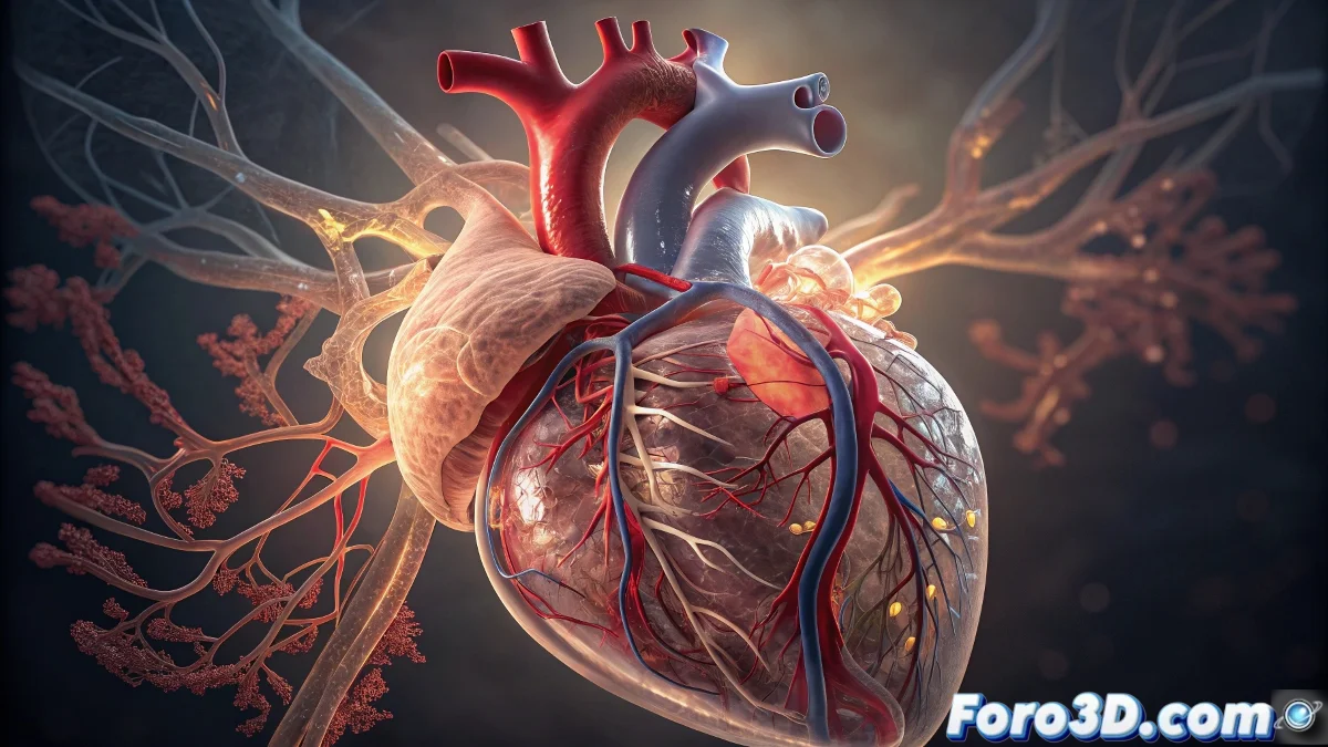 Modelo 3D del corazón en Blender mostrado en corte transversal, con animación de latido y partículas representando flujo sanguíneo, sobre fondo de diagramas anatómicos y herramientas de modelado.