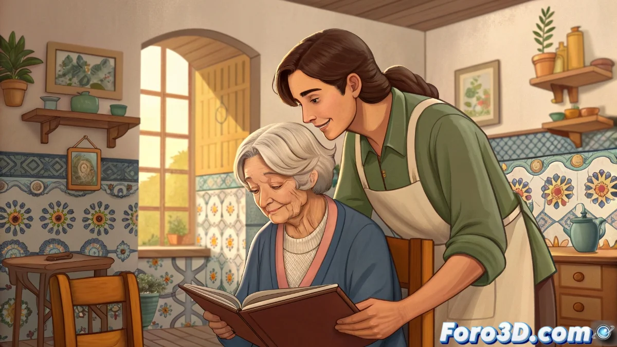 Una ilustración que muestra a un cuidador familiar ayudando a una persona mayor en un entorno hogareño cálido, con elementos que simbolizan el estrés y la dedicación continua.