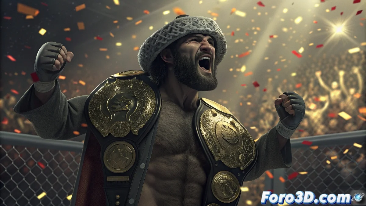 Luchador daguestaní celebrando con dos cinturones de campeonato en el octágono, rodeado de periodistas y fanáticos emocionados