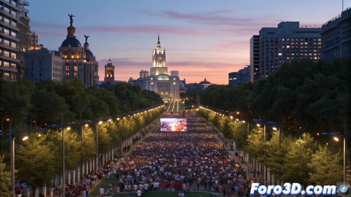 Avenida de La Castellana decorada con elementos de fútbol americano y banderas internacionales, con el Santiago Bernabéu al fondo iluminado con luces espectaculares