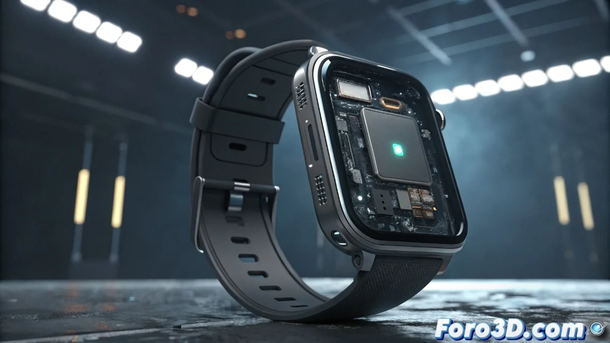 Reloj inteligente mostrando advertencia de batería baja junto a herramientas de reparación y un contenedor de residuos electrónicos de fondo.