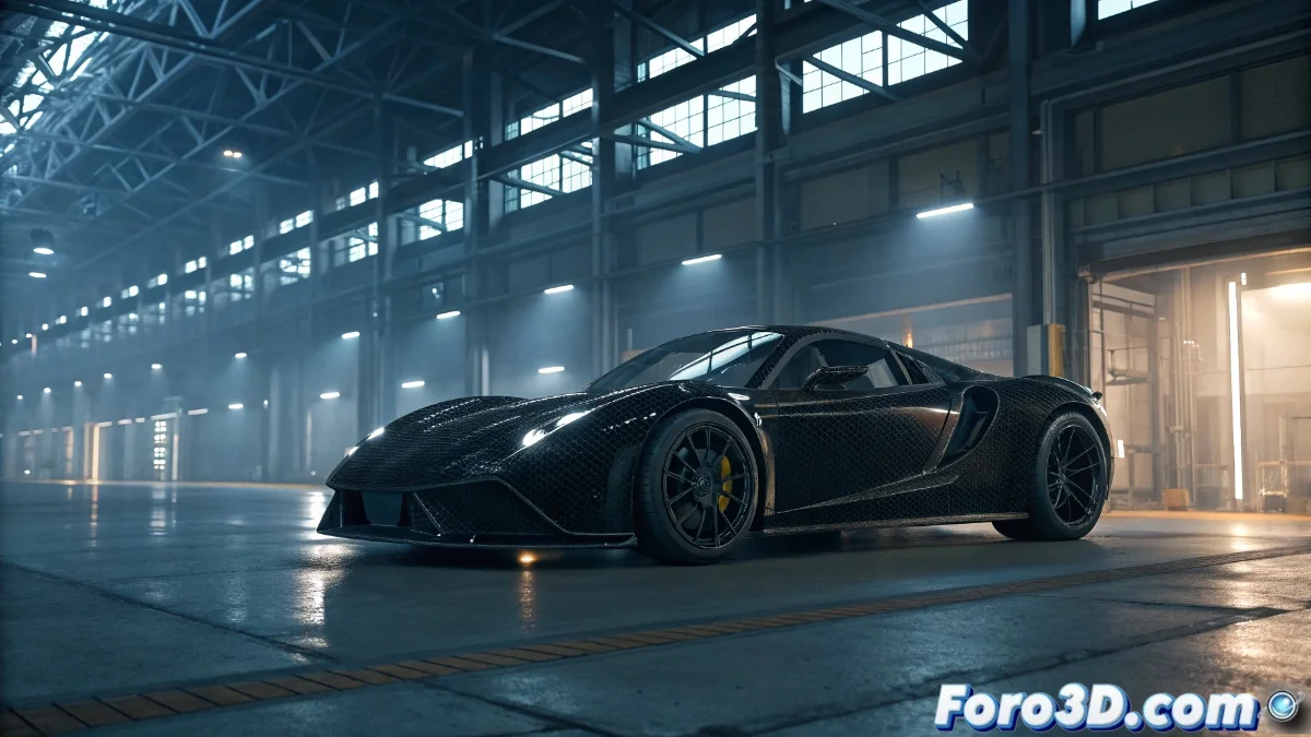 Superdeportivo Divergent Blade con estructura de nodos de aluminio impresos en 3D interconectados con tubos de fibra de carbono, mostrando detalles de su innovador chasis