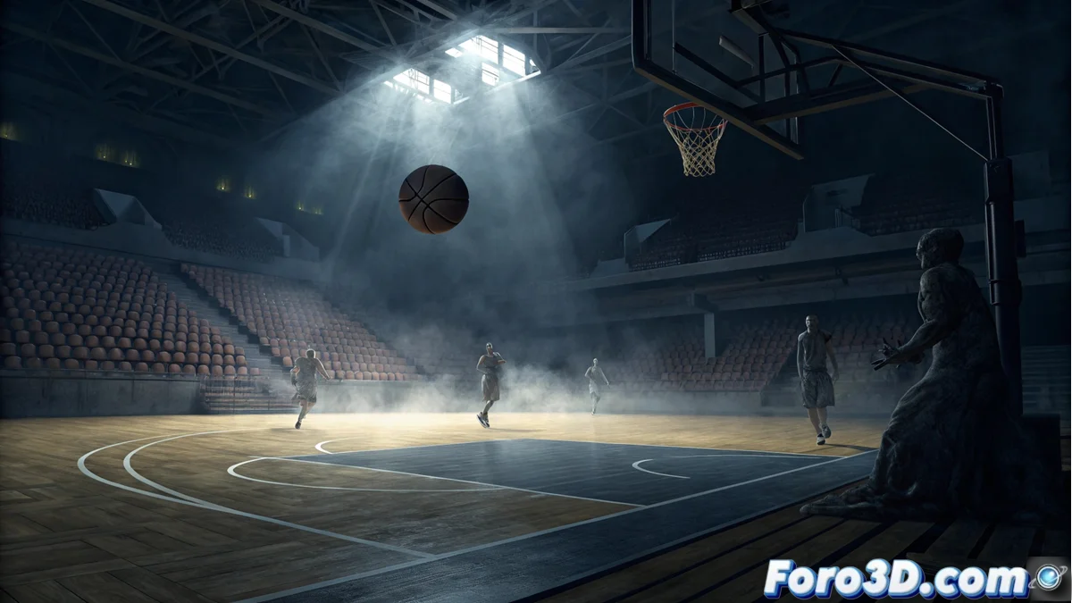 Vista aérea del Palau Blaugrana vacío con sombras alargadas y un balón de baloncesto fantasmagórico en medio de la cancha iluminada por tenues luces azuladas