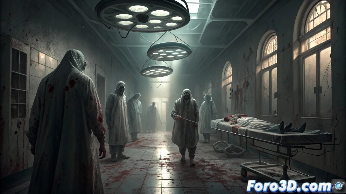 Pasillo oscuro del Hospital del Tórax abandonado con sombras alargadas y camillas fantasmas