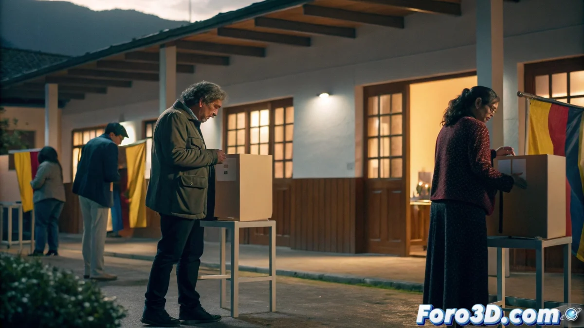 Urna electoral ecuatoriana con papeletas marcadas con votos negativos, rodeada de banderas del Ecuador y gráficos de resultados electorales mostrando porcentajes de rechazo.