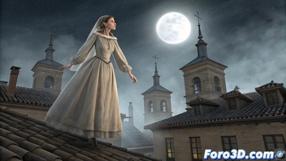 Ilustración nocturna de la Casa de las Siete Chimeneas con figura femenina espectral deslizándose entre las chimeneas bajo la luna llena