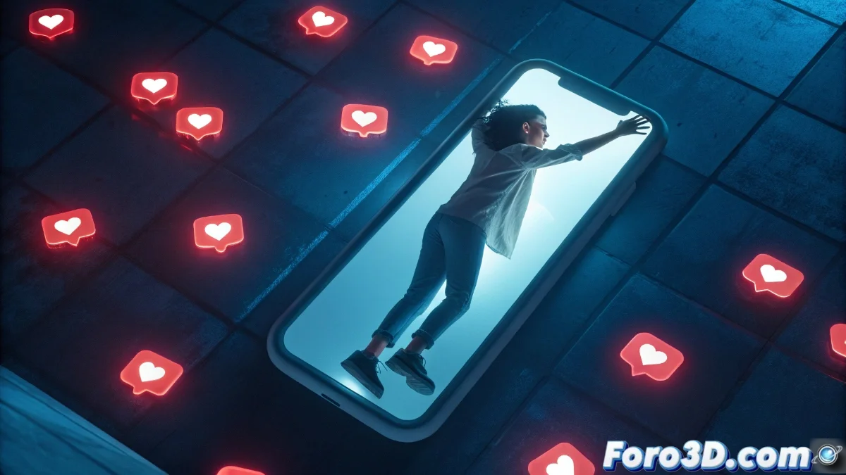 Ilustración que muestra un teléfono móvil rodeado de notificaciones rojas y relojes, con personas atrapadas en un ciclo infinito de verificación compulsiva.