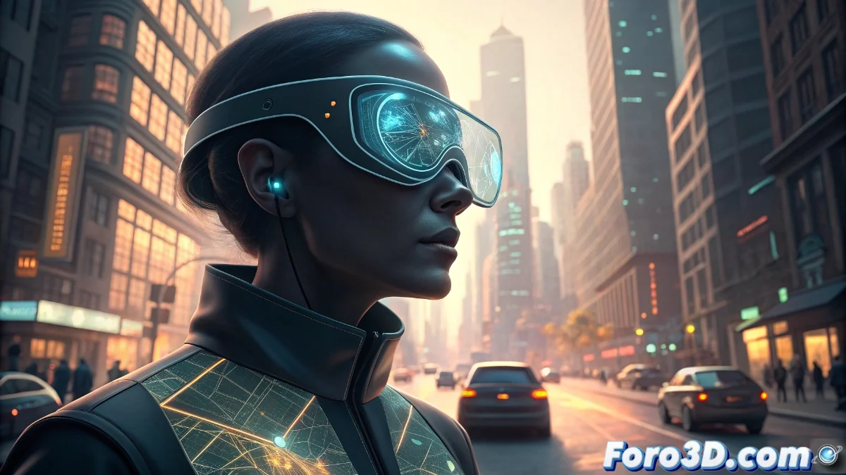 Gafas inteligentes de realidad aumentada con interfaz holográfica mostrando datos en tiempo real en un entorno urbano, con usuarios interactuando mediante gestos.