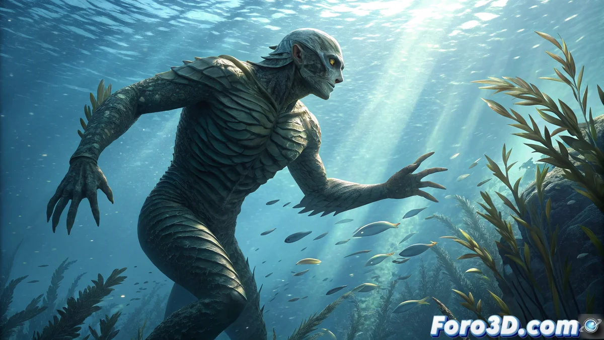 Ilustración de una criatura humanoide con escamas nadando en aguas profundas cerca de la costa cántabra, con el pueblo de Liérganes al fondo