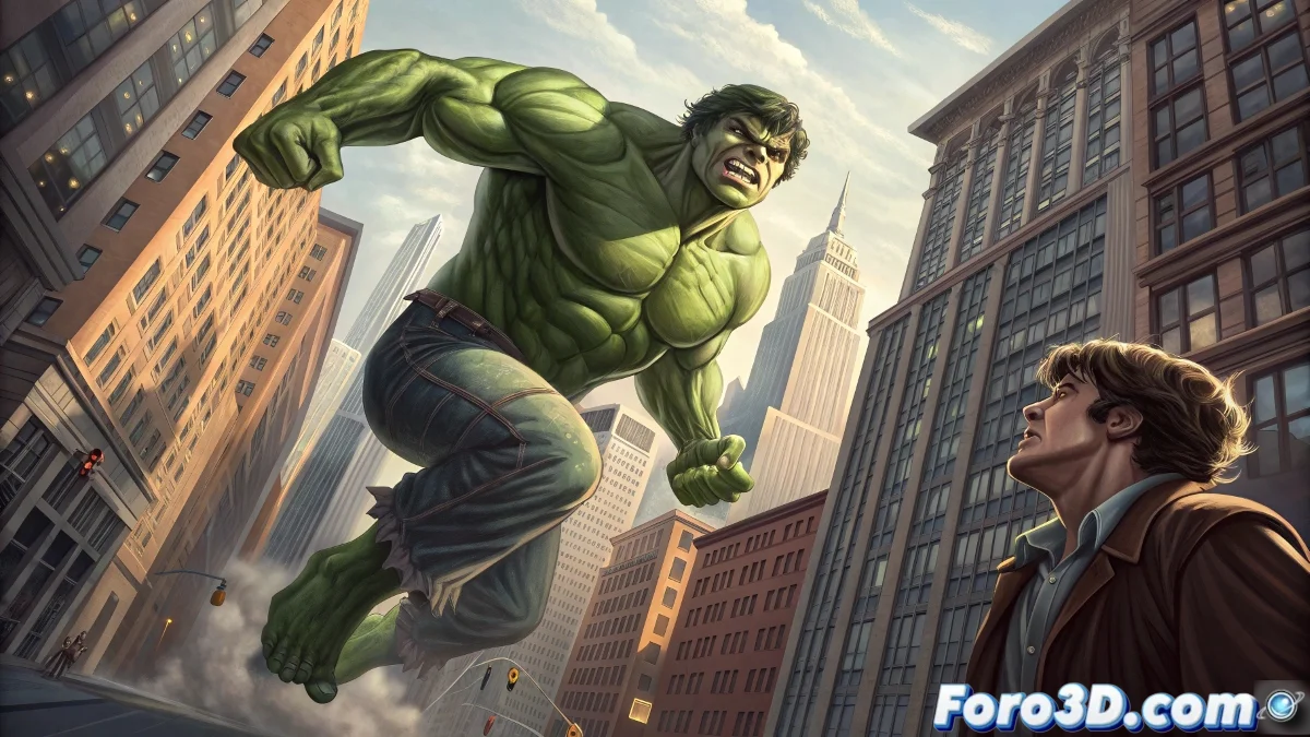 Hulk en plena transformación, con músculos tensionados y expresión furiosa, enfrentándose a múltiples enemigos en un paisaje devastado