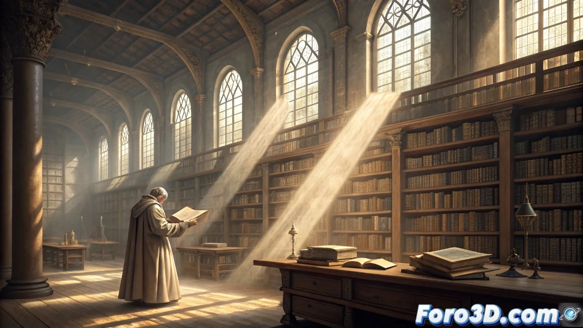 Libro antiguo abierto mostrando ilustraciones medievales junto a un rollo de papiro y un dispositivo digital moderno, representando la evolución de los soportes de escritura