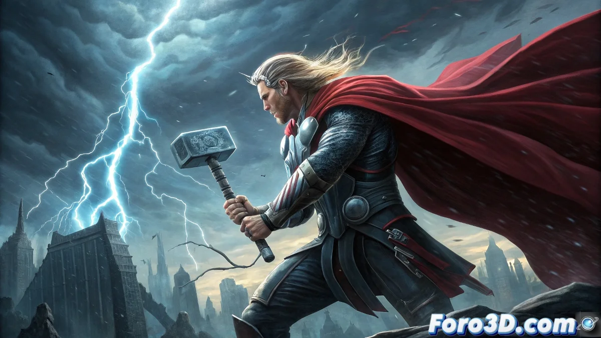 Thor en pose de batalla con Mjolnir brillante, entre relámpagos, frente a un enemigo cósmico en las ruinas de Asgard