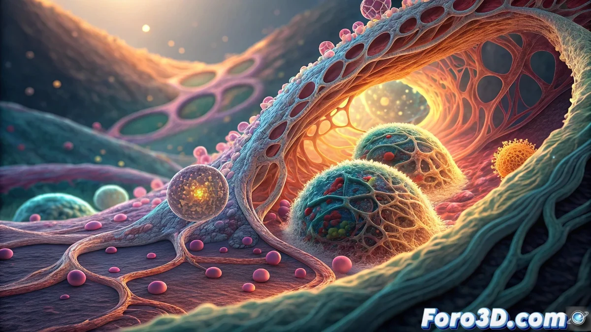 Estructura del intersticio humano mostrando la red de canales fluidos bajo la piel y alrededor de órganos internos, visualización microscópica.