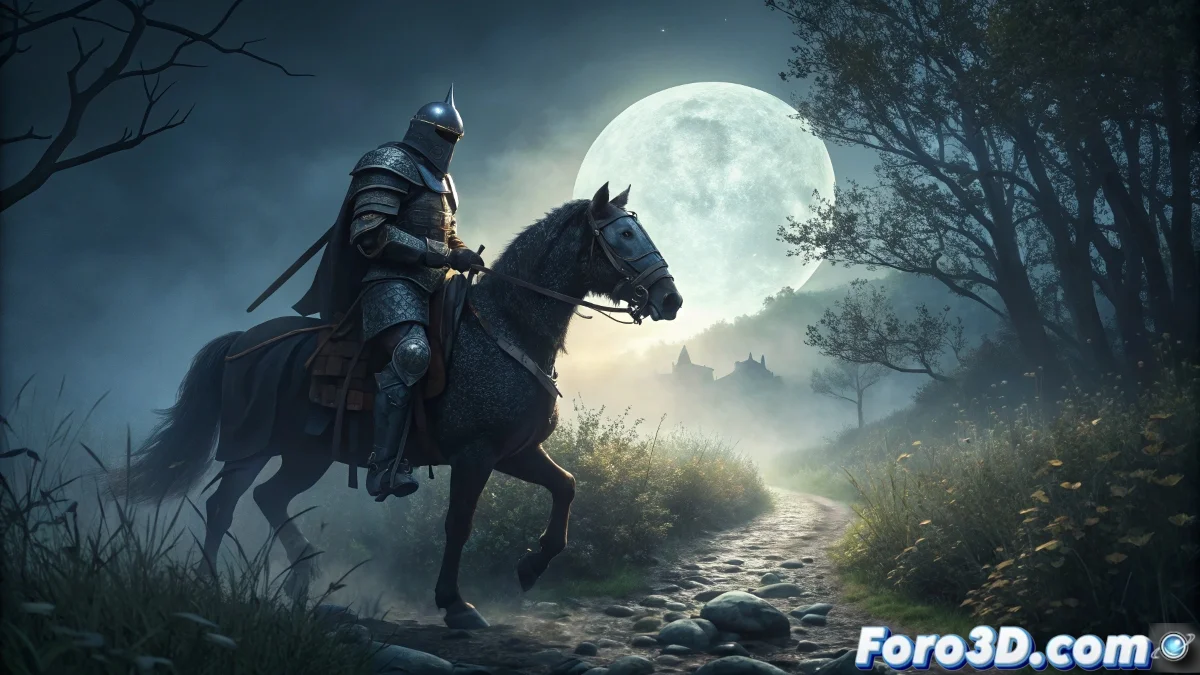 Ilustración nocturna de un jinete fantasma sin cabeza cabalgando sobre un corcel oscuro en un camino rural bañado por la luz de la luna llena, con neblina y ambiente misterioso