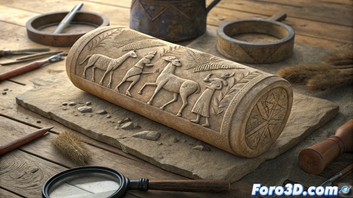 Comparativa visual entre el logo triangular rojo de Bass de 1876 y antiguos sellos mesopotámicos tallados en arcilla