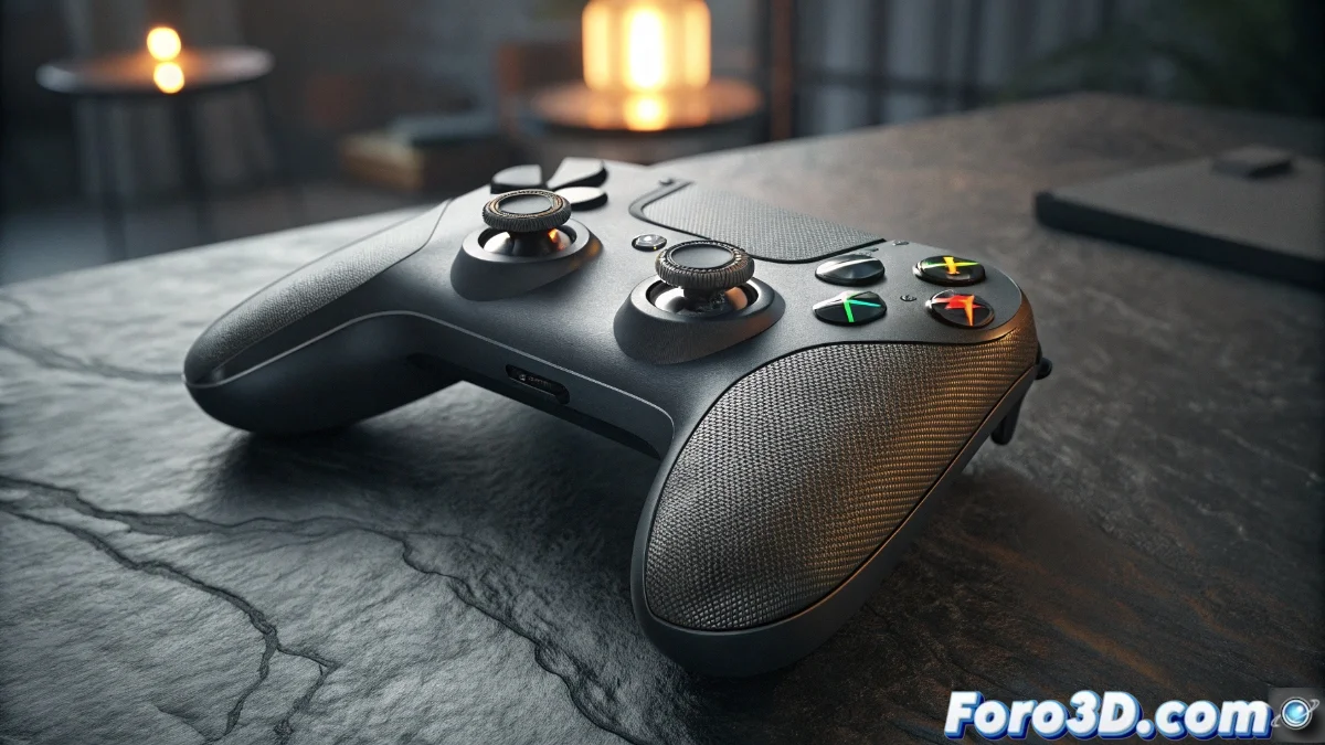 Mando Xbox Elite Series 2 mostrando sus componentes intercambiables y estuche de carga, sobre fondo oscuro con iluminación gaming.