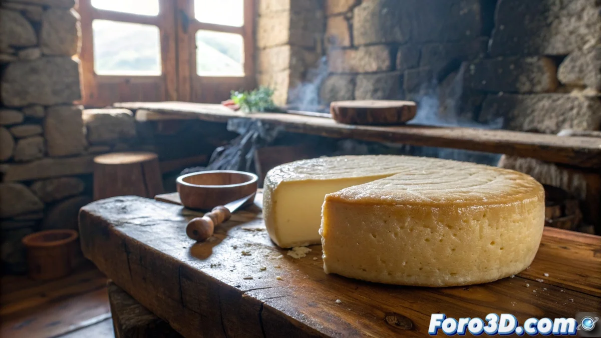 Rueda de queso San Simón da Costa ahumado con corteza dorada, sobre tabla de madera con hierbas y herramientas de quesería tradicional gallega