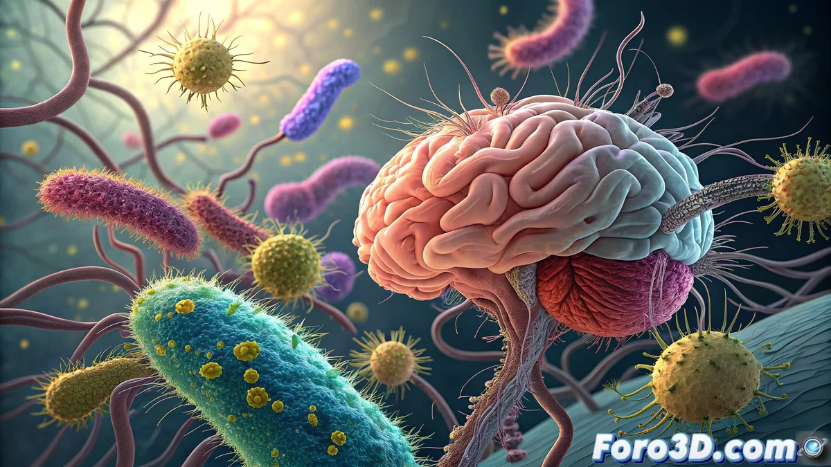 Ilustración científica que muestra conexiones neuronales entre el cerebro humano y el sistema digestivo, con bacterias intestinales interactuando a través del eje intestino-cerebro