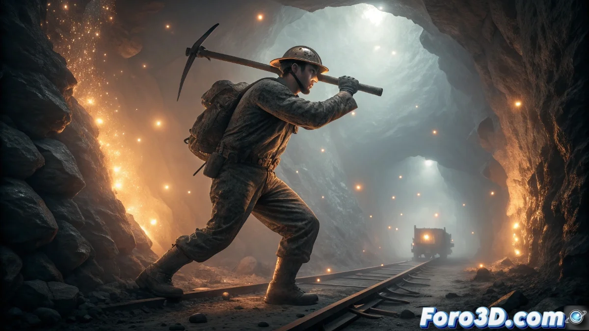 Galería subterránea de la Mina de Arnao con iluminación tenue donde se vislumbra una figura espectral con herramientas mineras