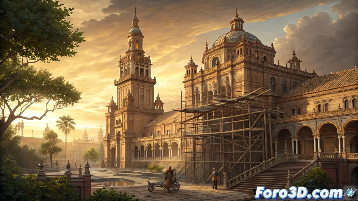 Fachada restaurada de monumento histórico español con andamios y trabajadores especializados en labores de conservación patrimonial