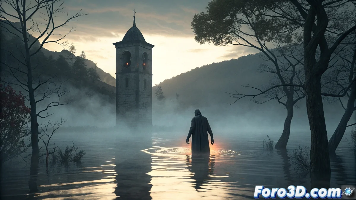 Torre del campanario emergiendo de las aguas bajas del embalse de Sau al atardecer, con silueta oscura entre niebla y ruinas sumergidas visibles.