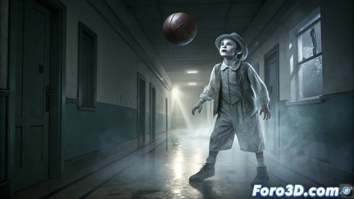 Ilustración estilo misterio de un niño con ropa antigua botando pelota en pasillo hospital abandonado con atmósfera espectral