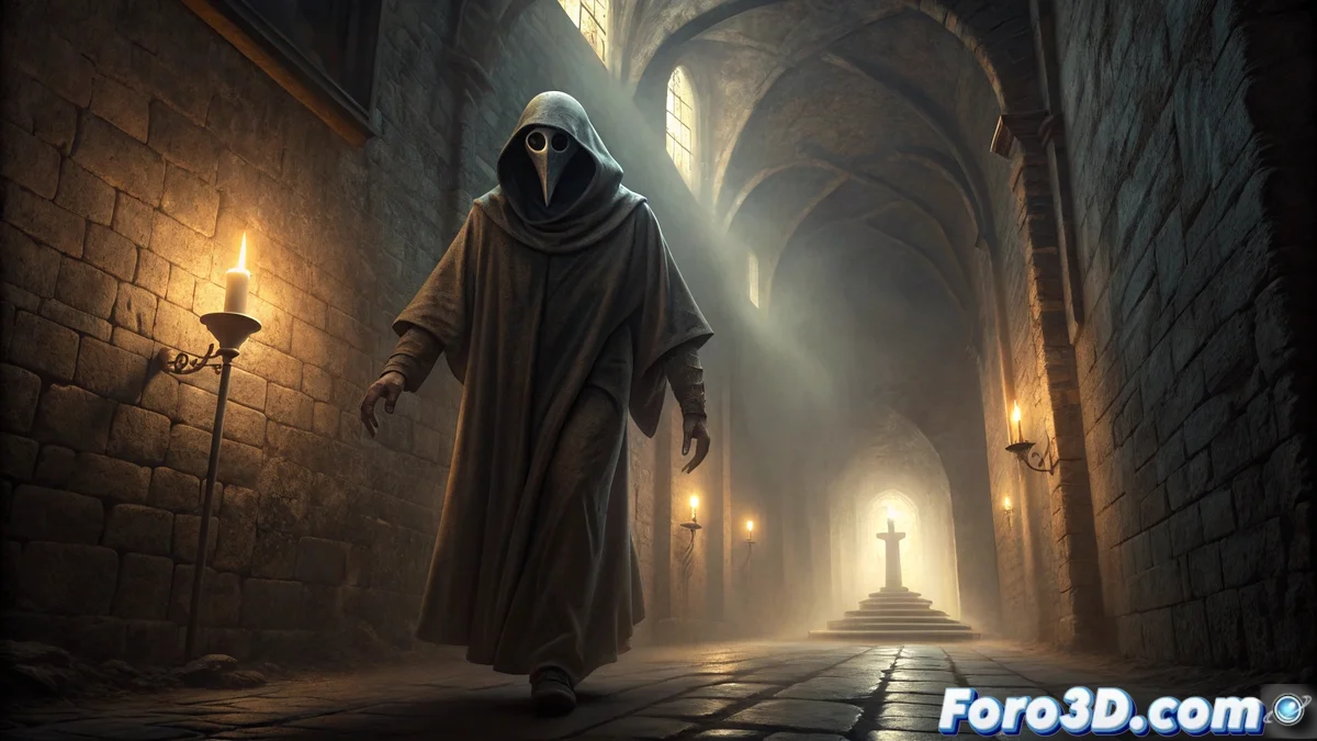 Silueta encapuchada con rostro liso como mármol deslizándose por pasillo monacal iluminado por luz lunar a través de vitrales rotos, con sombras alargadas y ambiente opresivo.