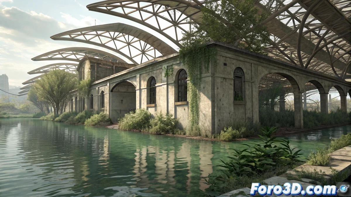 Pabellón abandonado de Expo Zaragoza 2008 con vegetación invasora creciendo entre estructuras oxidadas y sistemas hidráulicos deteriorados, rodeado de agua estancada.