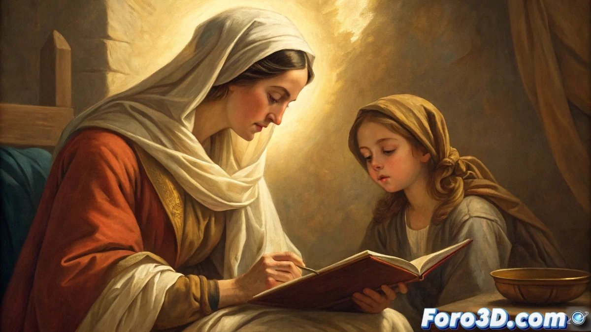 Boceto al óleo de Murillo sobre lienzo mostrando a Santa Ana enseñando a la Virgen María, con trazos espontáneos y colores cálidos del barroco sevillano