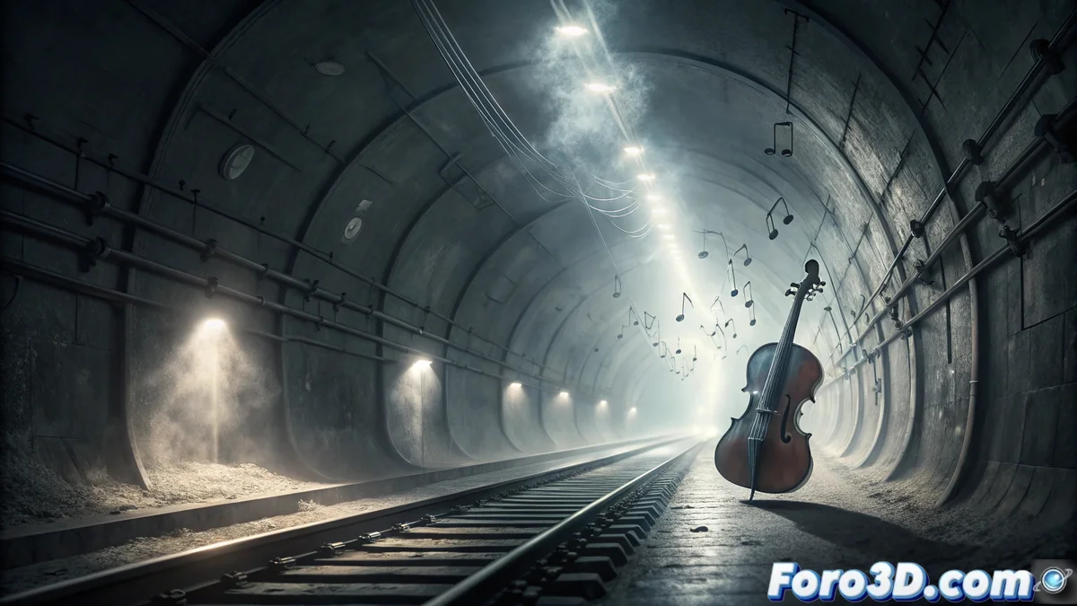 Túnel del metro de Bilbao con efecto de desenfoque donde una figura difusa sostiene un violín, creando un ambiente misterioso y sobrenatural con iluminación tenue.