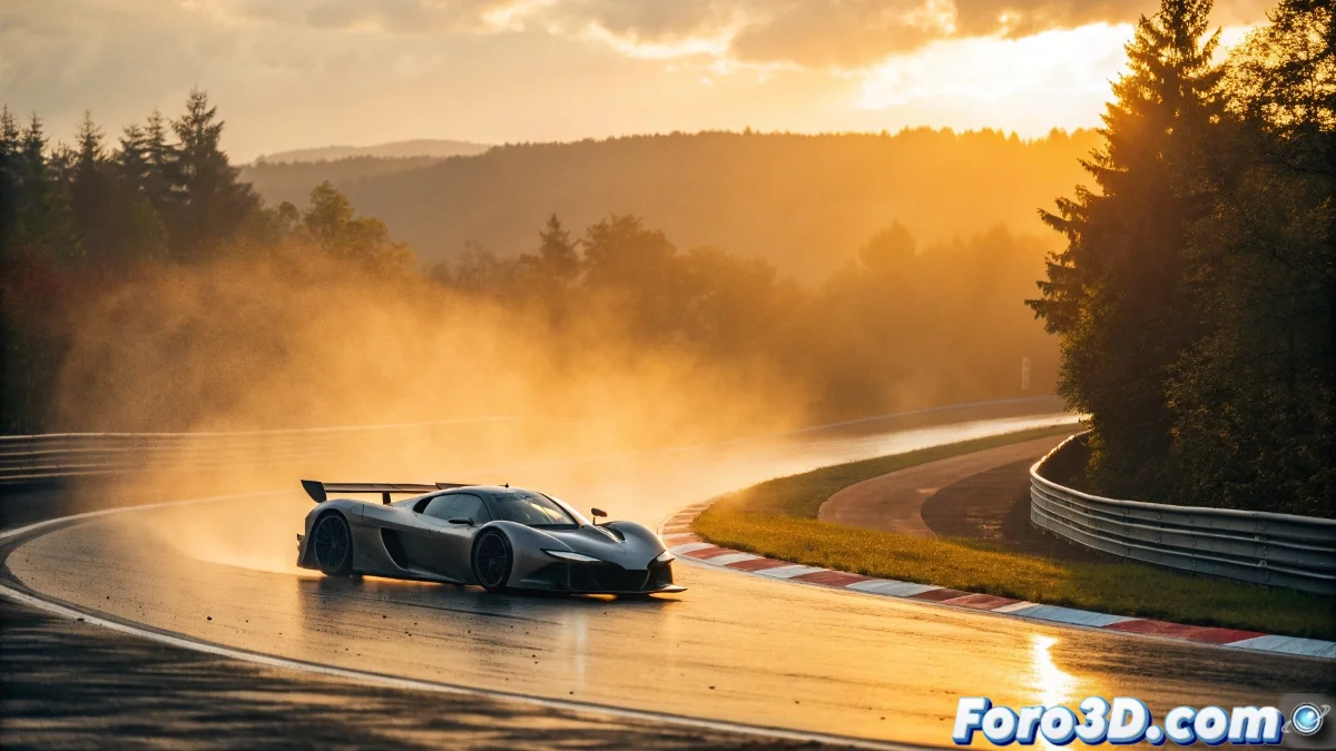 NIO EP9 en acción en el circuito de Nürburgring Nordschleife, mostrando su aerodinámica agresiva y luces LED características durante una vuelta récord