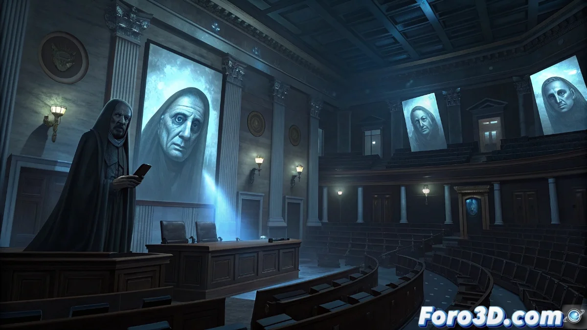 Sombra digital proyectándose sobre un smartphone mostrando iconos de redes sociales, con siluetas de figuras humanas observando desde atrás en un ambiente oscuro y tecnológico