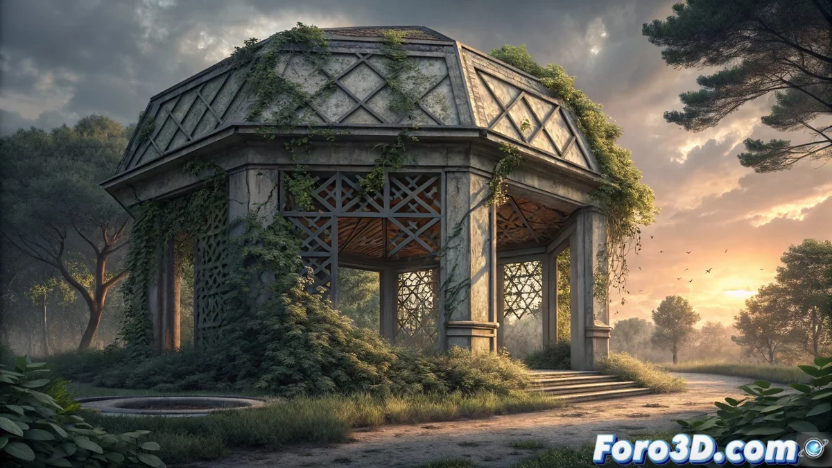 Vista frontal del Pabellón de los Hexágonos mostrando su estructura geométrica deteriorada con vegetación creciendo entre los módulos prefabricados