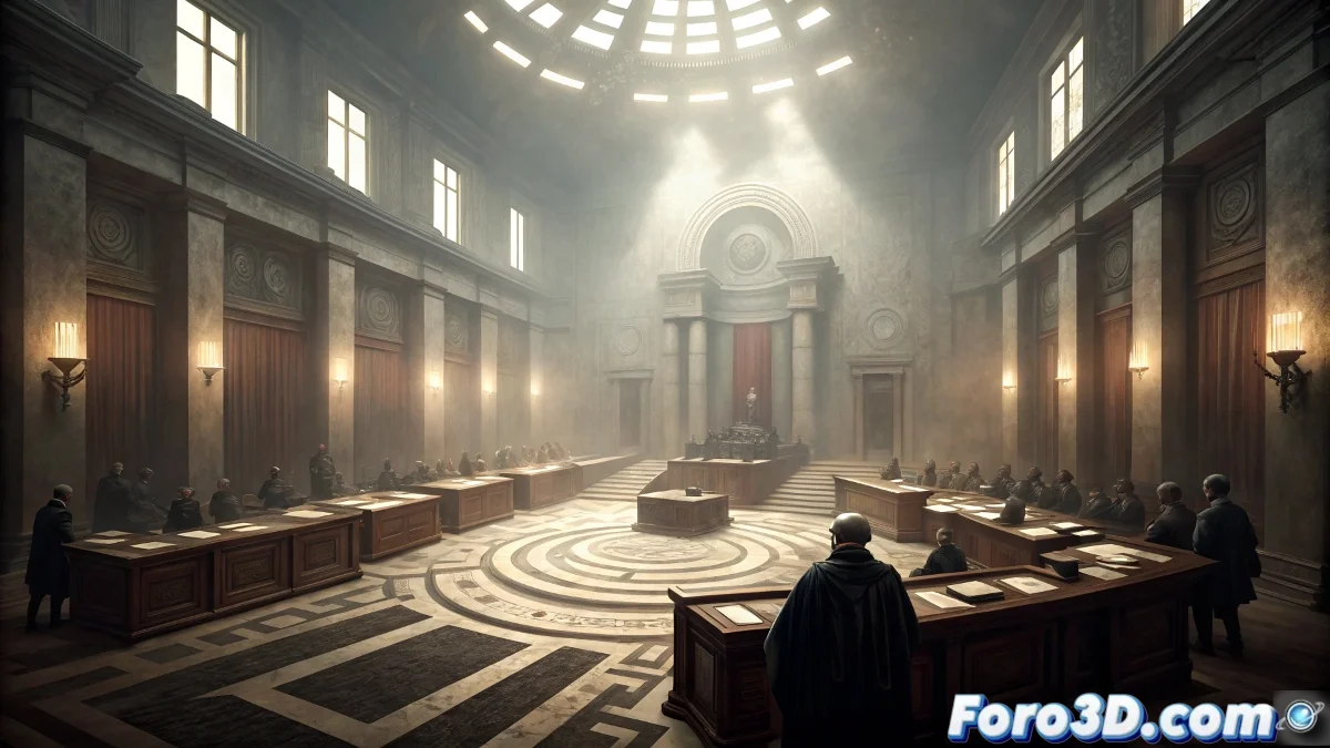 Palacio gubernamental neoclásico envuelto en niebla espesa con documentos que flotan y paredes que muestran textos cambiantes, mientras figuras sombrías observan desde pasillos que se retuercen infinitamente.