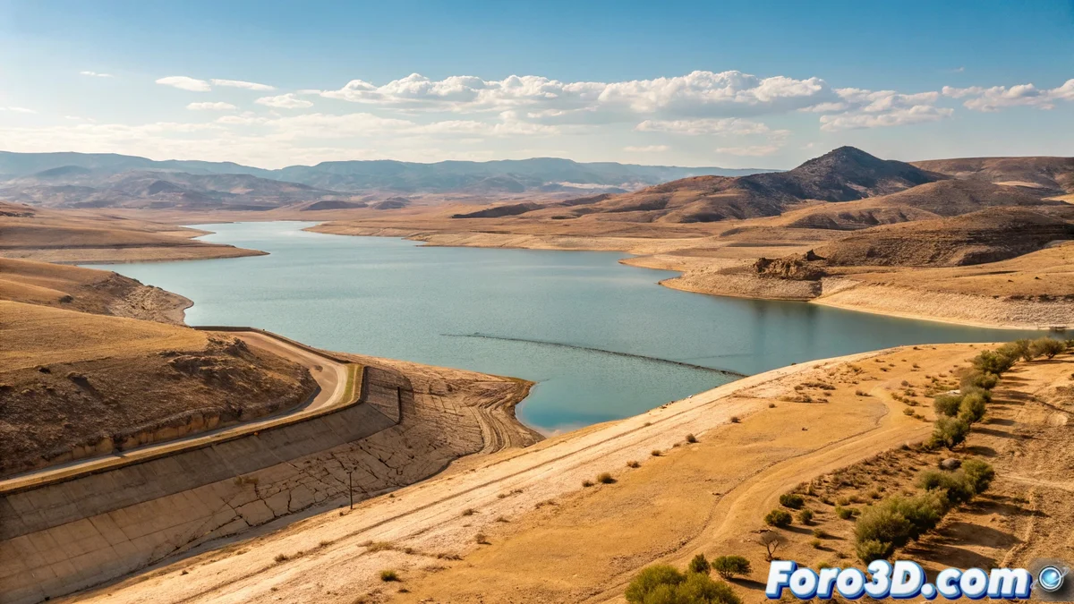 Vista aérea del pantano de Rules mostrando su extensión de agua rodeada de terrenos agrícolas secos en la Costa Tropical de Granada