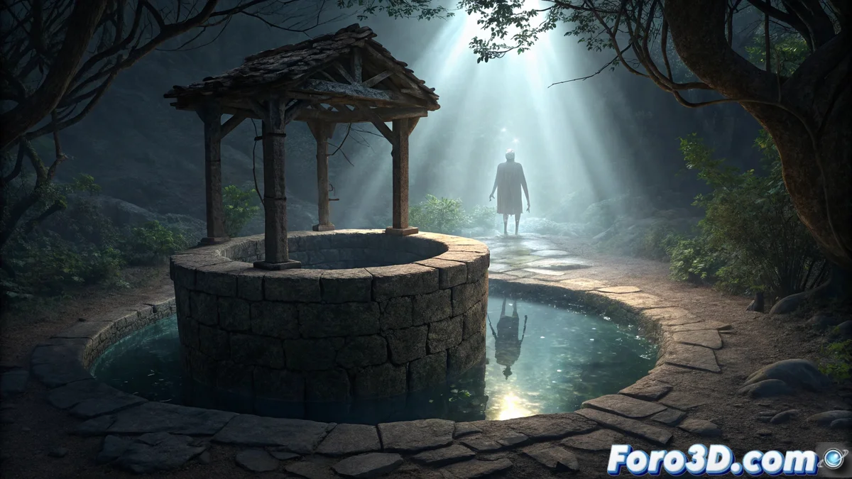 Render 3D de un pozo ancestral con reflejo acuático que muestra una figura humana invertida y colores sobrenaturales, creado en ZBrushCoreMini.