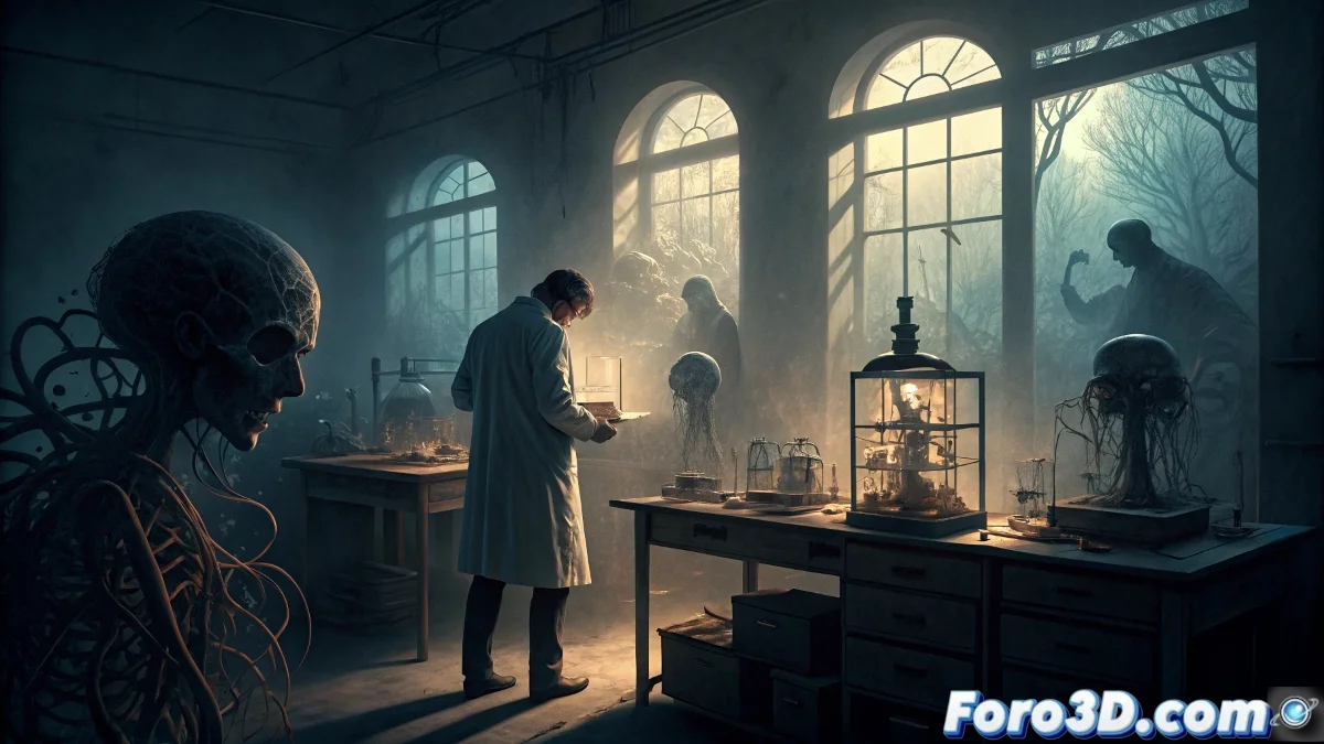 Laboratorio de neurociencia con paredes orgánicas que parecen respirar y equipos que emiten destellos de luz etérea, con un científico observando fijamente los ojos de un paciente cuyas pupilas reflejan paisajes imposibles.