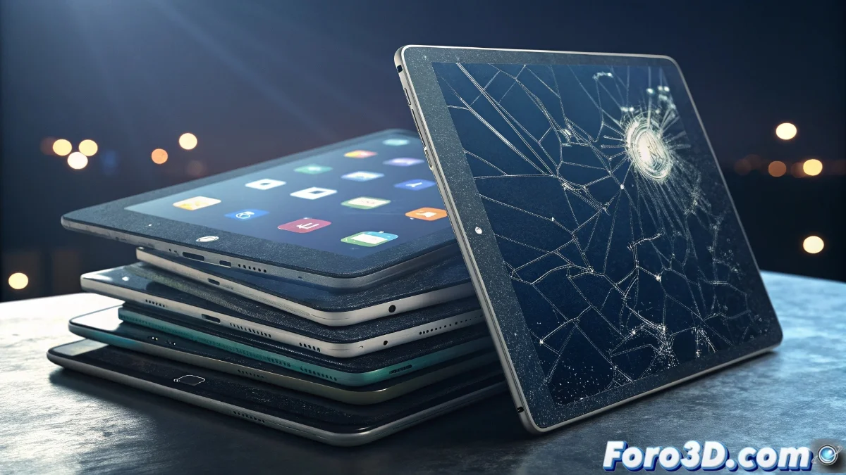 Tablet Android económica mostrando mensaje de sistema desactualizado junto a un calendario con fechas de actualizaciones muy separadas