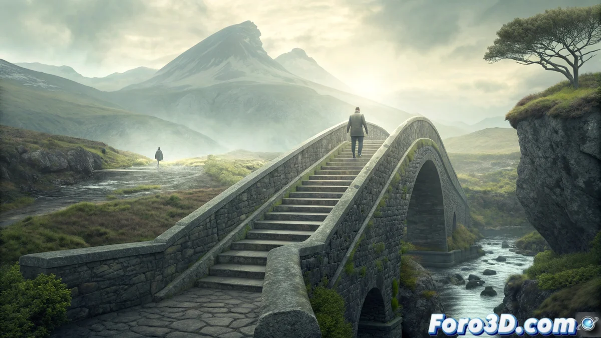 Ilustración estilizada del puente de las escaleras mostrando la estructura normal que se transforma en escaleras ascendentes y descendentes, con niebla densa en el abismo inferior y un mundo superior estéril, todo en la paleta de colores limitada de Pico-8.