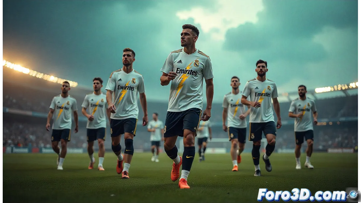 Equipación de entrenamiento del Real Madrid con diseño temático de Thor mostrando detalles en dorado, plateado y patrones de rayos estilizados