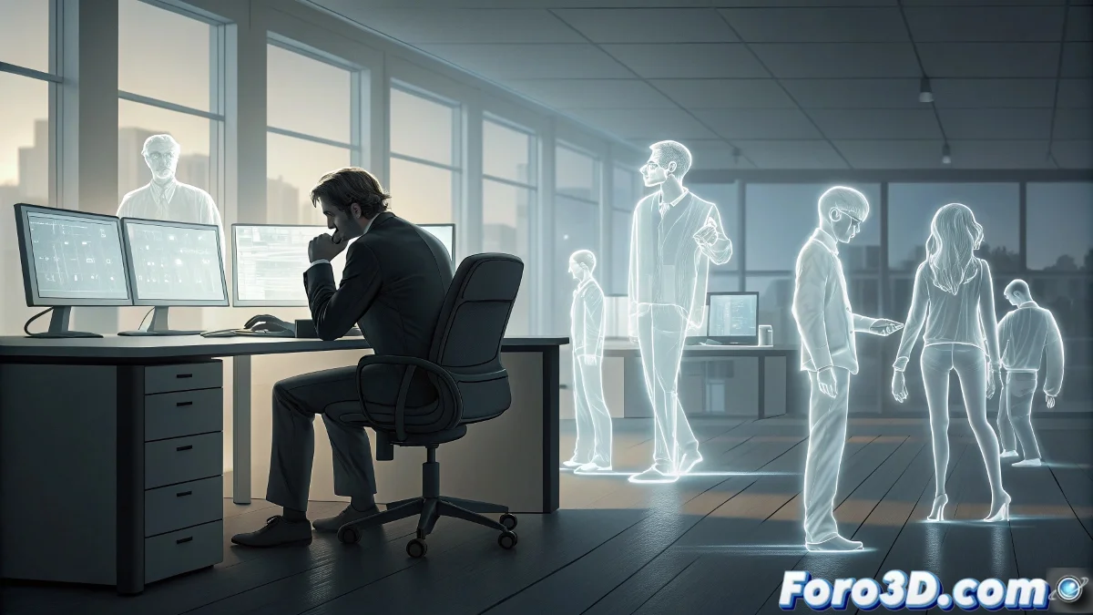 Persona sentada frente a múltiples pantallas con notificaciones, mientras mira por la ventana a personas interactuando en un parque