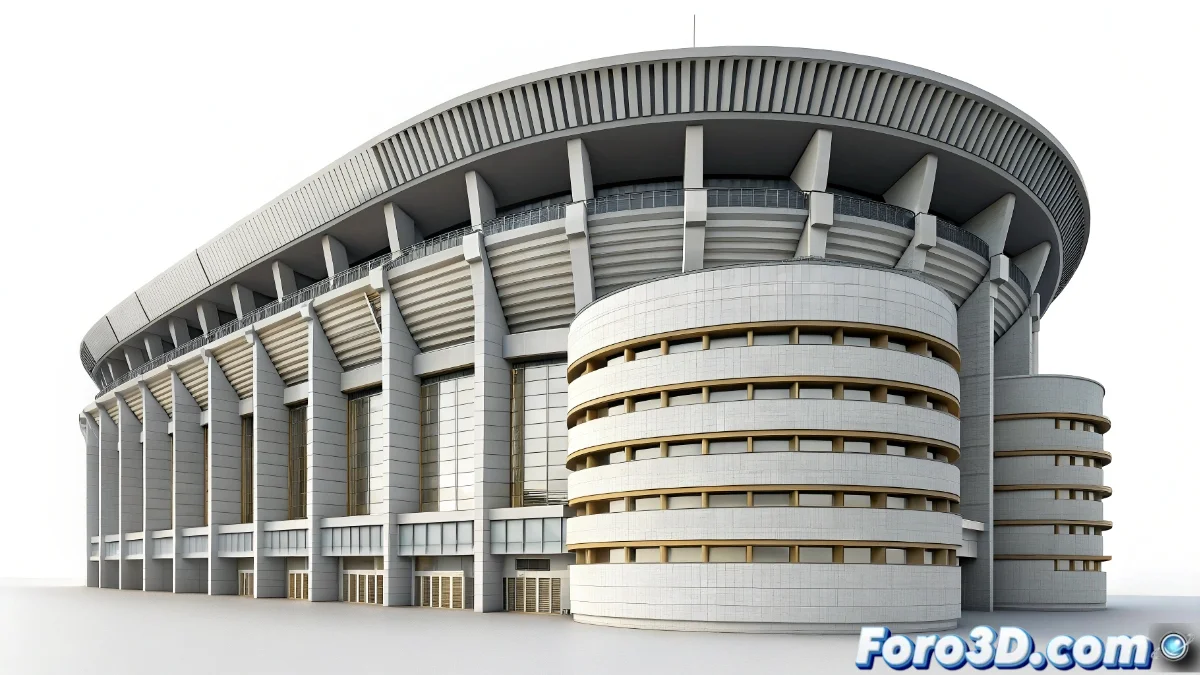 Nuevo logo del Real Madrid con diseño modernizado junto a imagen del Estadio Bernabéu durante obras de remodelación