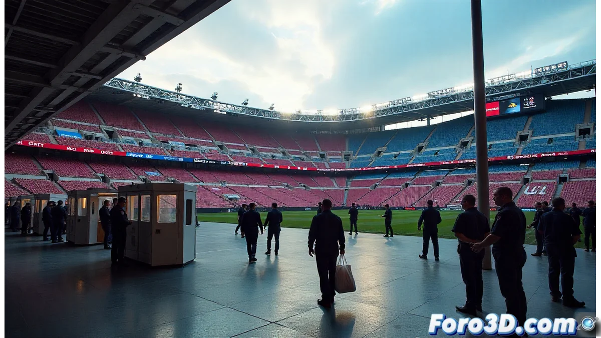 Vista aérea del estadio Santiago Bernabéu con puntos de control de seguridad y aficionados formando colas en los accesos, bajo un cielo despejado.