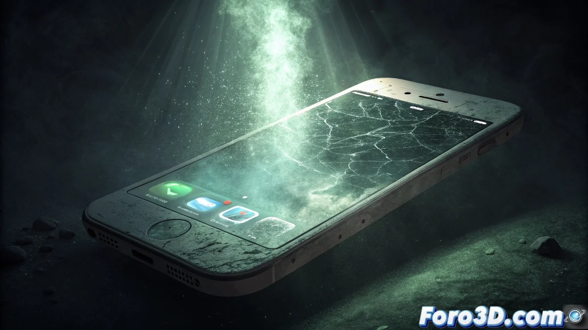 Un teléfono móvil antiguo mostrando notificaciones de WhatsApp que se desvanecen gradualmente, con un fondo oscuro y tenue que simboliza la obsolescencia tecnológica.