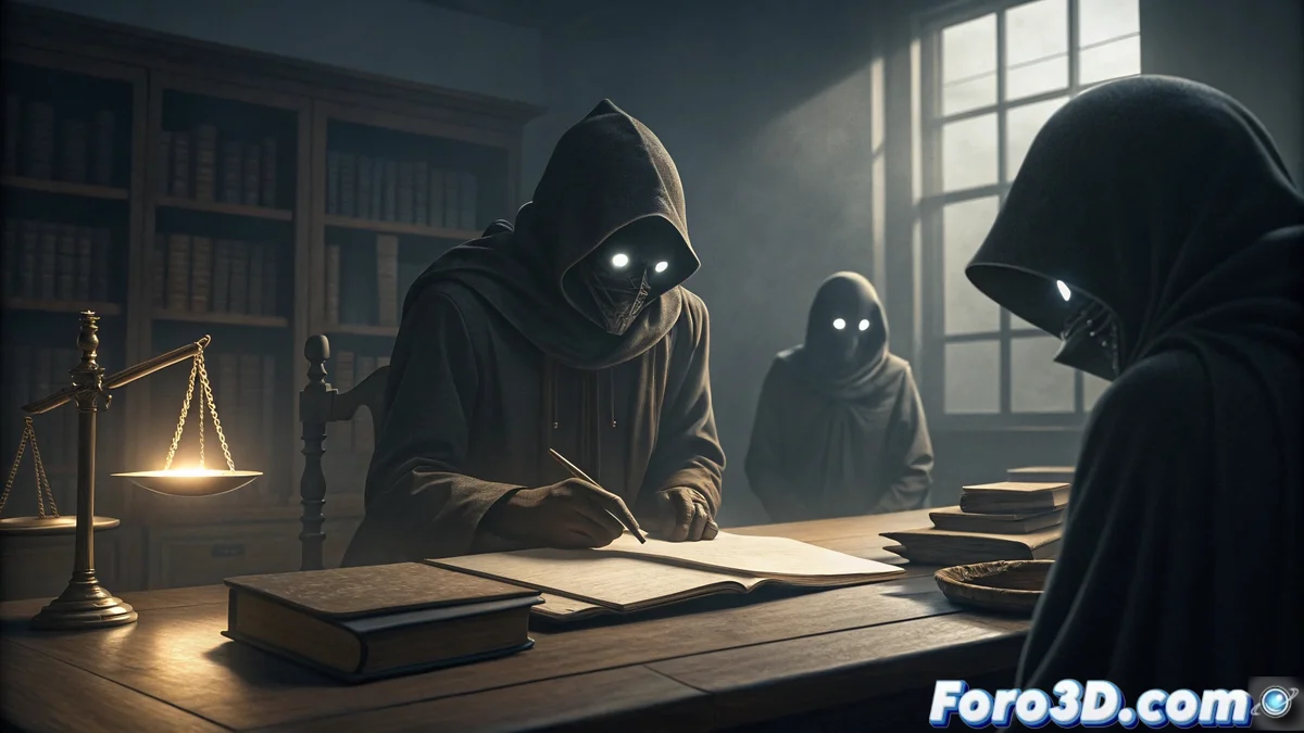 Fiscal y decano firmando documentos en un despacho lujoso con expresiones tensas, pilas de expedientes sobre la mesa y sombras proyectadas que simulan tentáculos sobre las paredes.