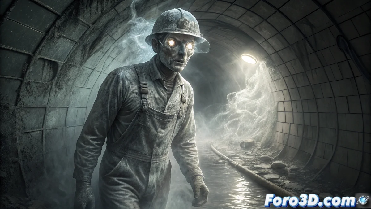 Silueta fantasmagórica de un trabajador con overoles empapados arrastrando herramientas oxidadas en un túnel de metro semi-oscuro con luces parpadeantes