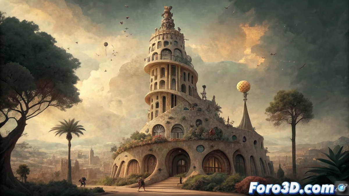 Maqueta conceptual de la Torre Gala mostrando formas orgánicas y elementos simbólicos surrealistas integrados con el Teatro-Museo Dalí