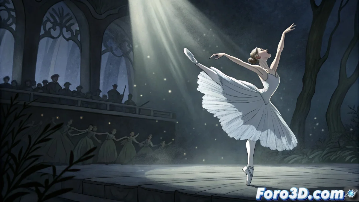 Ensayo de El lago de los cisnes de Matthew Bourne mostrando cisnes masculinos en el escenario del Teatro Real con iluminación dramática