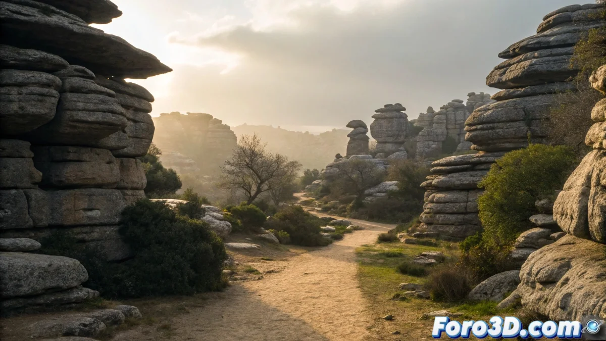 Modelado 3D del Torcal de Antequera mostrando formaciones kársticas únicas, con rocas de formas imposibles y efectos de luz misteriosa en el paisaje malagueño.